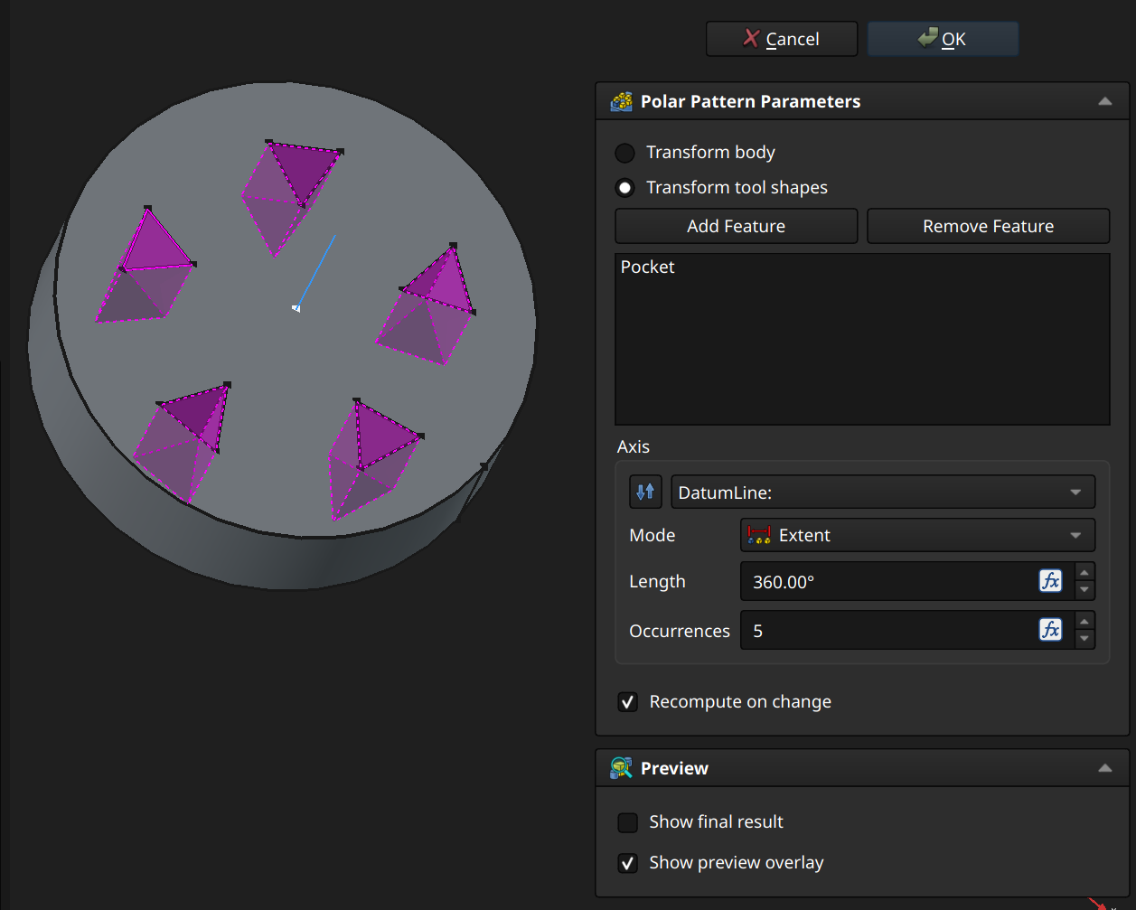 FreeCAD Part Design workbench polar pattern example